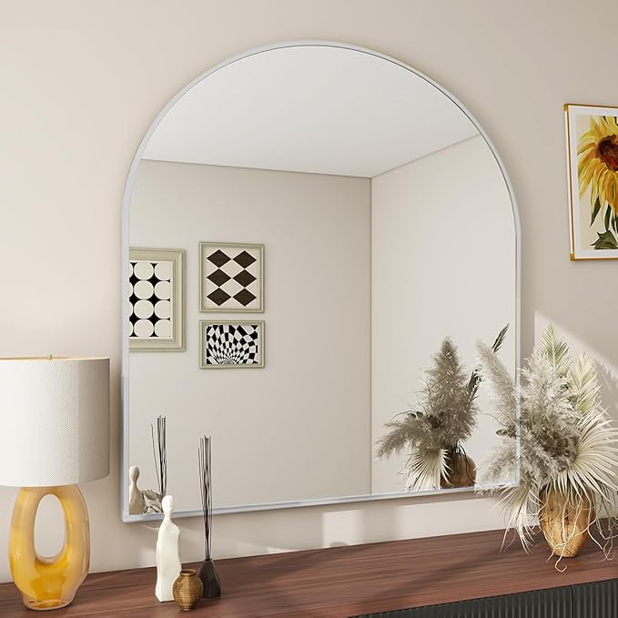 BEAUTYPEAK 32"x34" Arch Bathroom Mirror, Wall Mounted Vanity Metal Frame Mirror for Bedroom, Entryway, Living Room, Silver