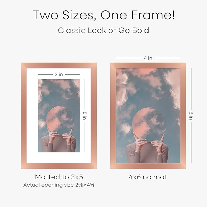 Homeforia Rose Gold 4x6 Picture Frame, High End Metal 4 x 6 Frames with Mat 3 x 5 for Print, 4by6 Desk Frame Matted to 3x5 inch Photo, 4 by 6 Wall or Tabletop Frame, Tempered Glass, Wall Kit, Set of 1