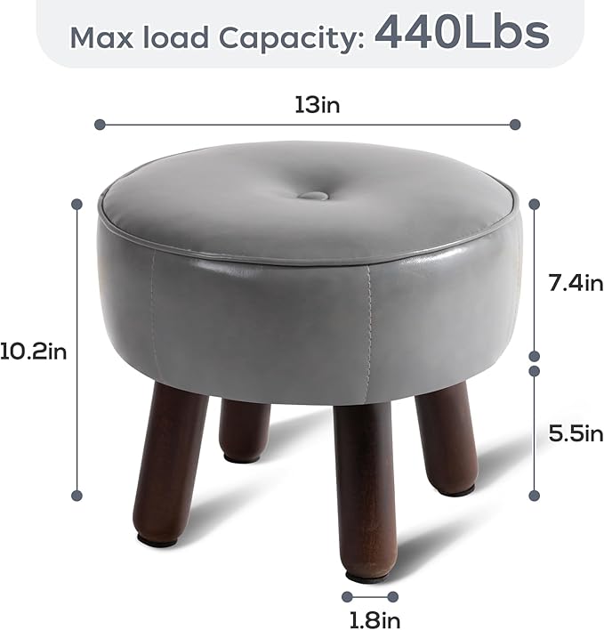 Ottoman, Small Foot Stool, Round Leather Pouf Ottoman, 13''L x 13''W x 10.2''H Foot Rest with Non-Skid Rubber Legs for Living Room Bedroom Couch Entryway, Grey