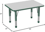 FDP Rectangle Activity School and Classroom Kids Table (24 x 36 inch), Chunky Toddler Leg, Adjustable Height 15-24 inches - Gray Top and Green Edge