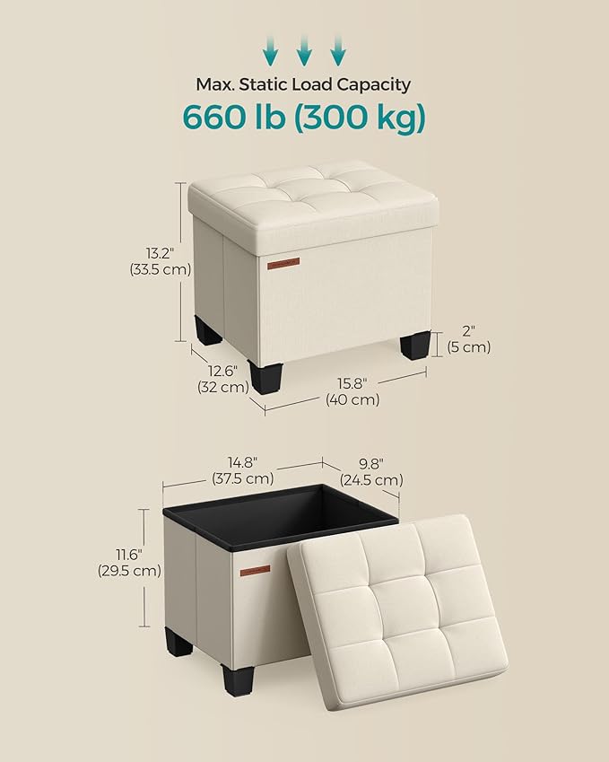SONGMICS Storage Ottoman, Small Ottoman Foot Rest with Legs, 12.6 x 15.8 x 13.2 Inches Foot Stool, Load up to 660 lb, for Living Room, Bedroom, Dorm, Cream White ULSF012W01