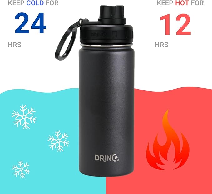 DRINCO Stainless Steel Water Bottle Spout Lid Vacuum Insulated Double Wall Water Bottle Wide Mouth (40oz 32oz 22oz 18oz 14oz) Leak Proof Keeps Cold or Hot (18 oz, 18oz Black)