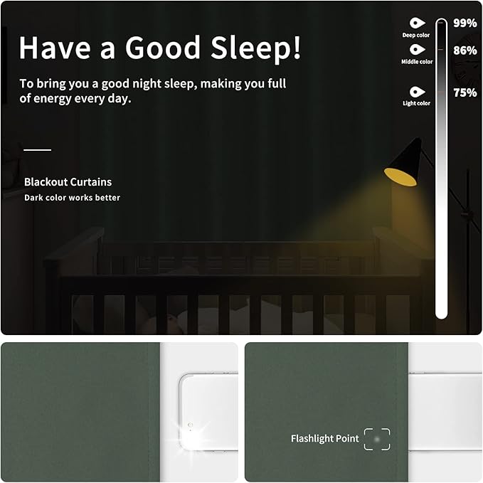 Easy-Going Blackout Curtains for Bedroom, Solid Thermal Insulated Grommet and Noise Reduction Window Drapes, Room Darkening Curtains for Living Room, 2 Panels (34x72 in, Greyish Green)