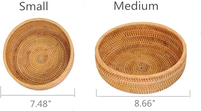 Set of 2 Round Rattan Bowl Baskets, 8 9 Inch Handmade Wicker Basket Tray with 3”Deep Wall, Decorative Woven Brown Bread Basket Fruit Bowl Table Key Holder, 2-Size