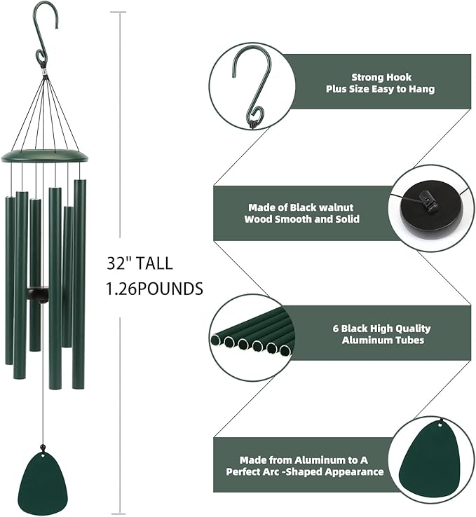 Wind-Chimes-Outdoor-Deep-Tone, Large Soothing Melodic Tones Windchimes, Wind Chimes for Outside, Memorial Wind Chime Best Gift for Mom Women Grandma Neighbors(32" Forest Green Coated Aluminum)