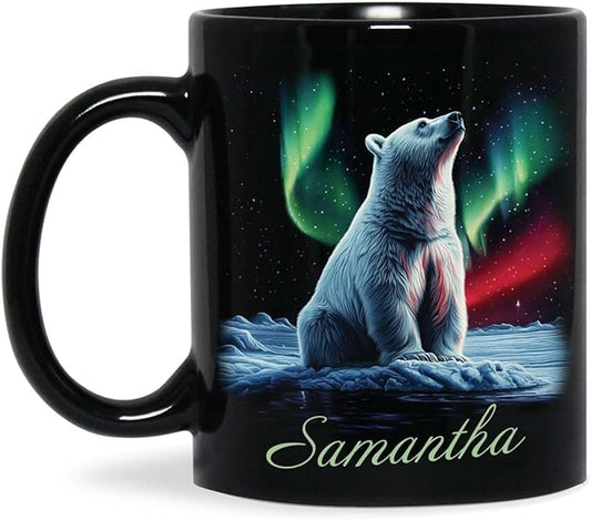 Custom Enchanted Arctic Landscape Design Cup, Customized Name Coffee Mug 11oz 15oz, Personalized Polar Bear And Northern Lights Ceramic Cup, Cute Polar Bear Black Mug, Gift For Her