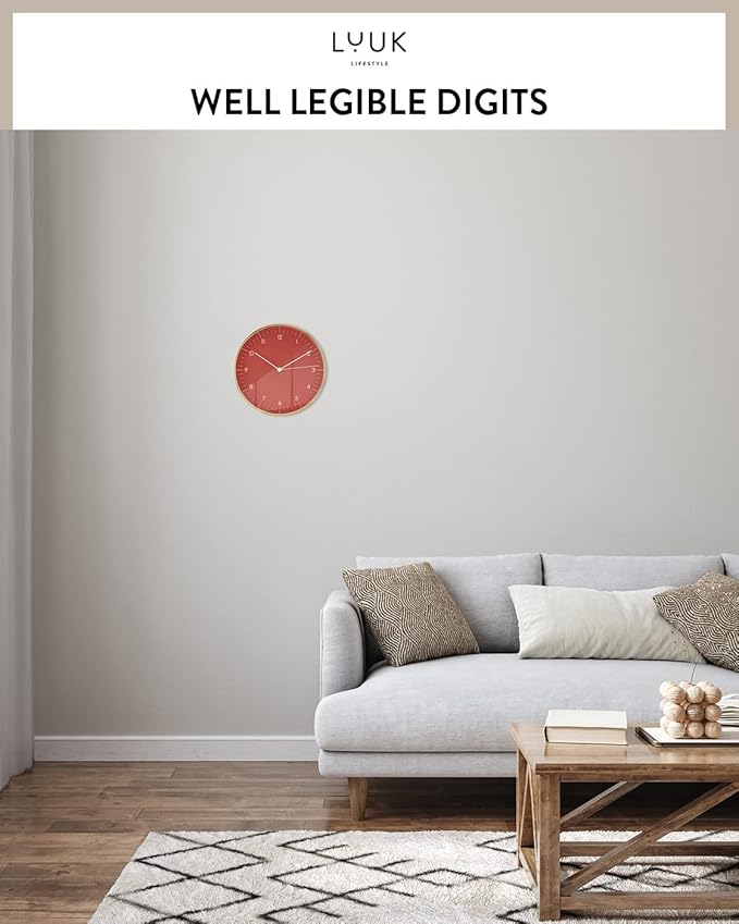 LUUK LIFESTYLE Modern Wall Clock with Silent Quartz Movement, Stylish and Elegant, for Living Room, Bedroom, Dining Room, red and Gold