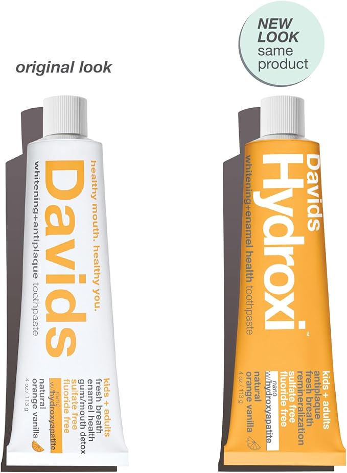 Davids Hydroxi Fluoride Free Nano Hydroxyapatite Toothpaste for Enamel Health & Whitening, Antiplaque, SLS Free, Kid Friendly Orange Vanilla Flavor, 4 oz, Made in USA