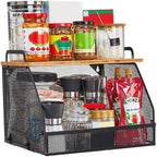 1 SET Large fruit basket for kitchen counter-stackable basket with Bamboo Tops & Tag,hanging wall baske,for Cabinet Shelf Countertop pantry storaget, onion potato Vegs Bread Food Organizing Bin,BLACK