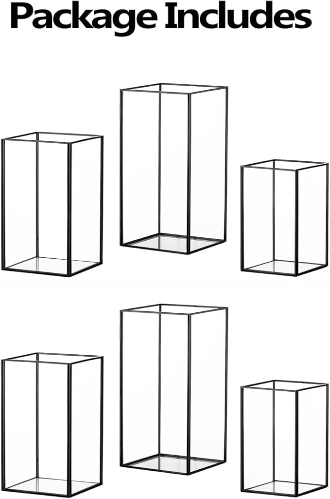 Hewory Glass Hurricane Candle Holder Set of 6, Black Large Hurricane Centerpiece for Table, Tall Floor Square Pillar Candle Holders Lantern Set for Wedding, Anniversary, Party, Fireplace, Dining Room
