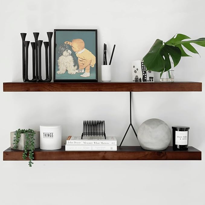 Homeforia Walnut 36 inch Floating Shelf, High End Solid Real Wood 36inch Large Shelves for Bathroom Wall, Dark Brown 36 inches Long Floating Shelves, Heavy Duty Bracket, 36 X 6.5 X 1.75 inch, Set of 2