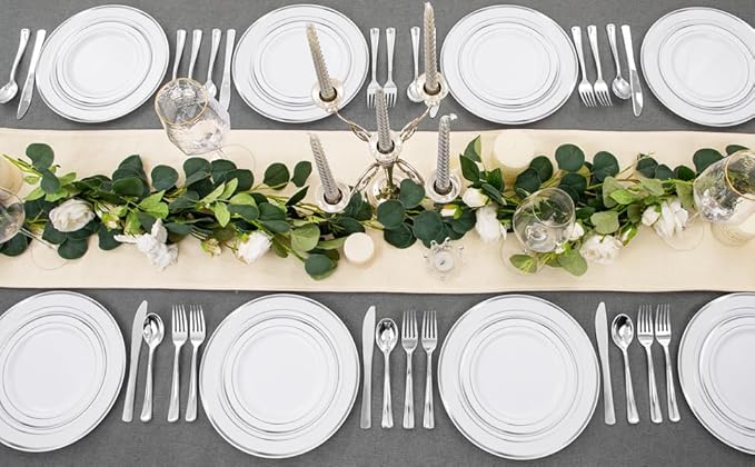 FLOWERCAT 60PCS Silver Plastic Plates - Heavy Duty White and Silver Plastic Plates Disposable - Include 30PCS 10.25inch Dinner Plates and 30PCS 7.5inch Dessert Plates for Wedding&New Year