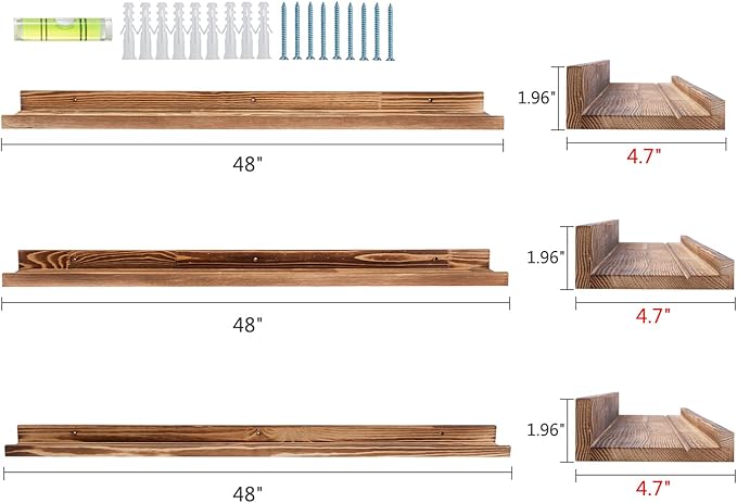 AZSKY Picture Ledge Shelf Wall Ledge Floating Shelves for Photo Frames Kids Book Shelves Wall Mounted Burnt Wall Display Shelf Wooden Frame Ledge 48 Inches Set of 3 Bathroom Organizer Shelves