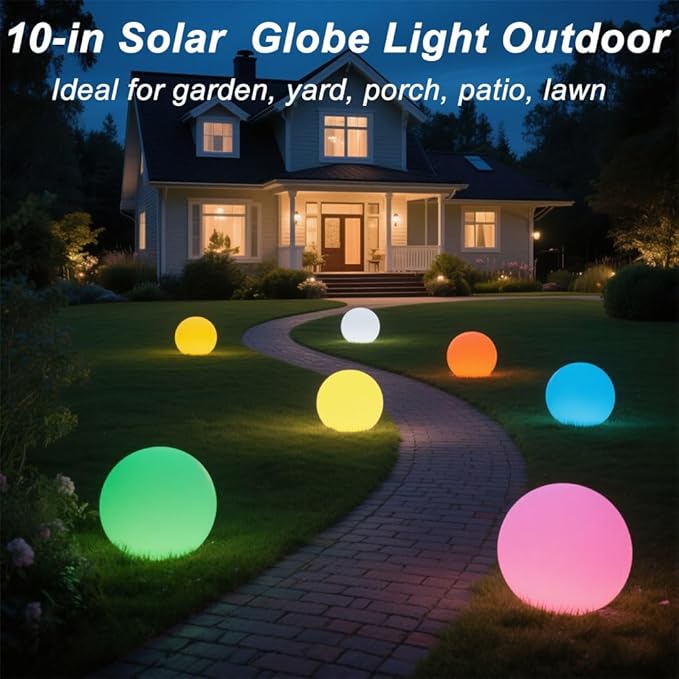 10-in Solar Globe Light, Solar Garden Ball Light Outdoor w/Remote, 16 RGB Color 4 Modes Glowing Ball, Waterproof Smart Light Sensor Control Outdoor Orb Lamp w/Ground Stake for Pathway Patio Yard Party