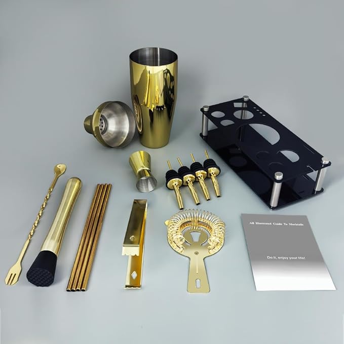 14-Piece Cocktail Shaker Set Bartender Kit with Black Stand, Bar Tool Set for Drink Mixing Bartending Kit Bar Sets Accessories: 750ml(25oz) Shaker, Jigger, Muddler, Cocktail Recipes (Gold)