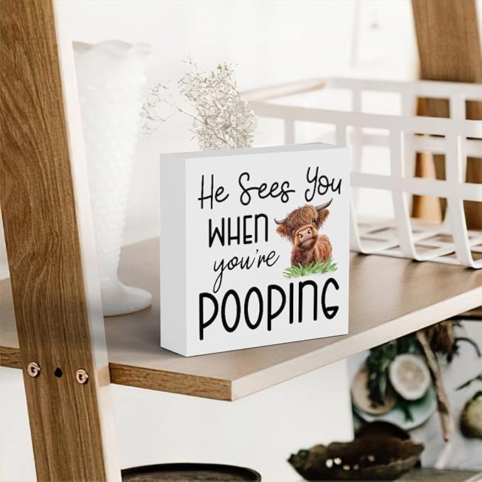 Funny Highland Cow Bathroom Decor Are You Pooping Sign Highland Cow Gifts for Women Highland Cow Nursery Decor, Wooden Box Decor Sign for Home Farmhouse Office Living Room Table Shelf Tiered