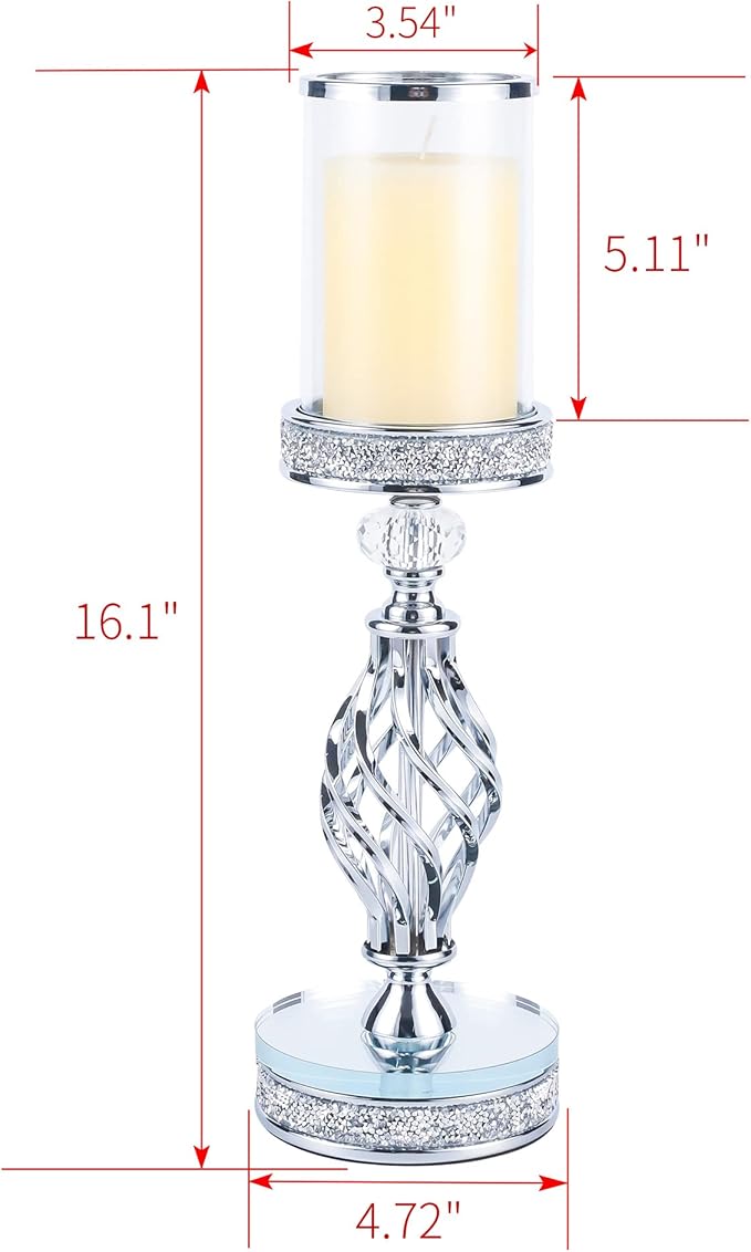 Hanjue Crystal Candle Holders for Pillar Candle, Metal Crystal Candle Holder for Home Decor, Centerpieces, Coffee Dining Table CH0509 (Silver (L))