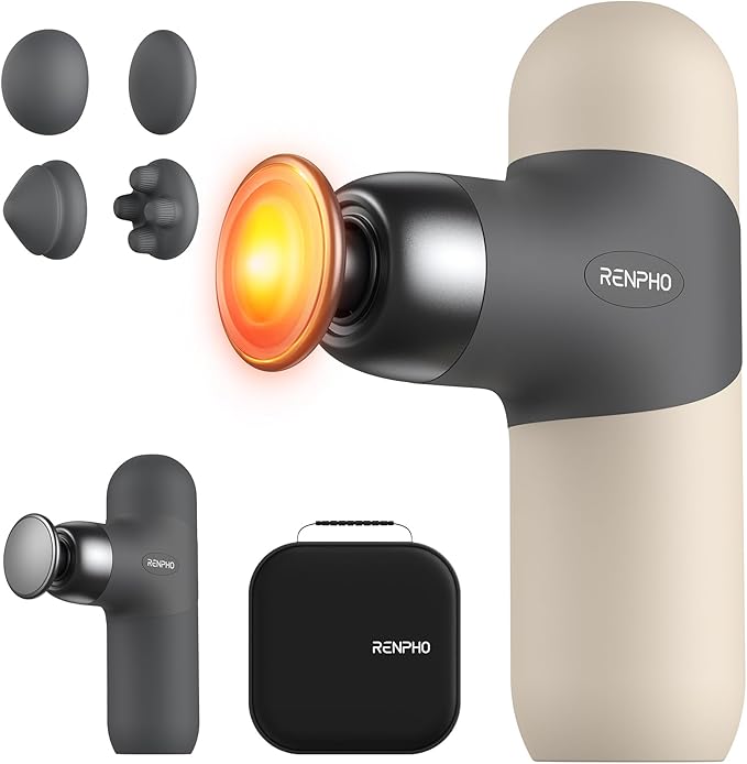 RENPHO Mini Thermal Massage Gun with Heat, Portable Deep Tissue Percussion Massager, Color Silicone Sleeves Travel Size with Carry Case, Grey