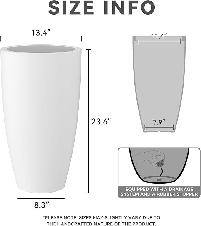 Kante 23.6" H Pure White Finish Concrete Tall Planters Large Outdoor Indoor Decorative Plant Pots with Drainage Hole and Rubber Plug, Modern Tapered Style for Home and Garden