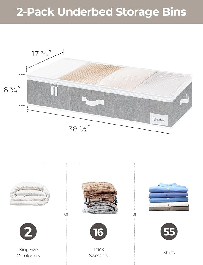 StorageWorks Extra Large Under Bed Storage Containers with Handles and Label Holder, 2 Pack Ultra-thick Fabric Underbed Bins, Closet Organizer for Clothes, Blankets, Sweater