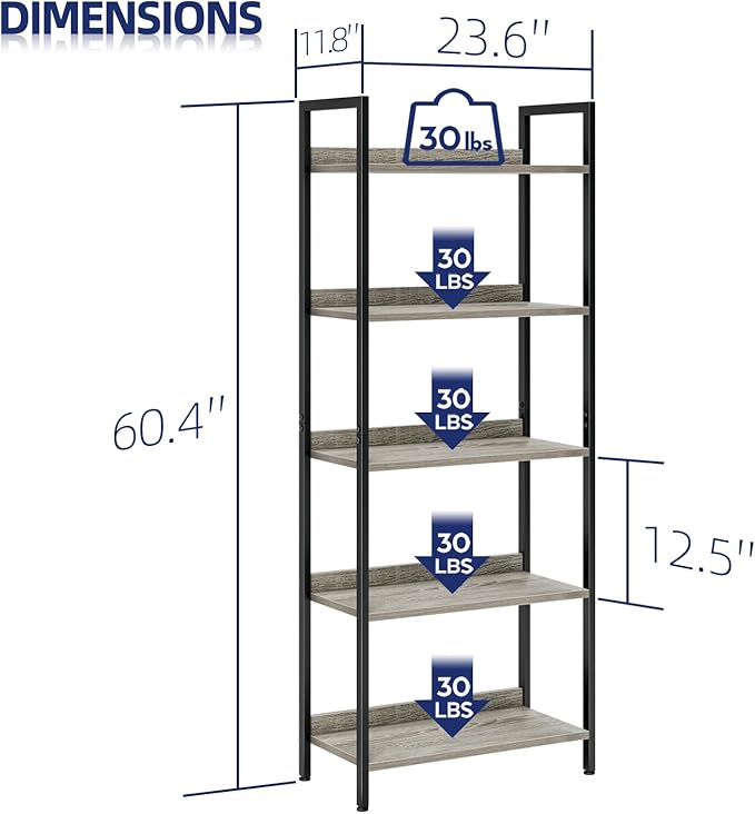 NUMENN Bookshelf, 5 Tier Bookshelves, Home Office Bookcase Shelf Storage Organizer, Free Standing Storage Shelving Unit for Bedroom, Living Room and Home Office, Grey