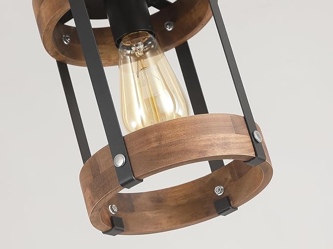Rustic Farmhouse Wood Pendant Light Fixture One-Light Adjustable Chain Oak Wood and Metal Lantern Drum Small Pendant Lighting for Kitchen Island Sink Hallway Farmhouse Bathroom Bar, Black