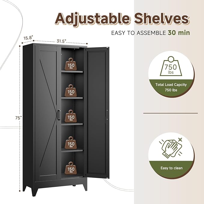 Letaya Storage Cabinet,75" H Metal Kitchen Pantry Cabinets with Doors and Adjustable Shelves,Pantry Organizers for for Cupboard/Dining/Bathroom/Office/Garage Room,Black