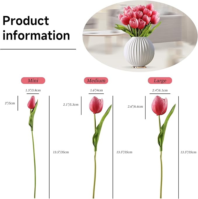 Buart Artificial Tulip in Bulk for Home Kitchen Wedding Bridal Bouquet,Fake Flowers for Mother's Day Easter Table Centerpieces Decorations(Large Size,Hot Pink,Real-Touch,12pcs)