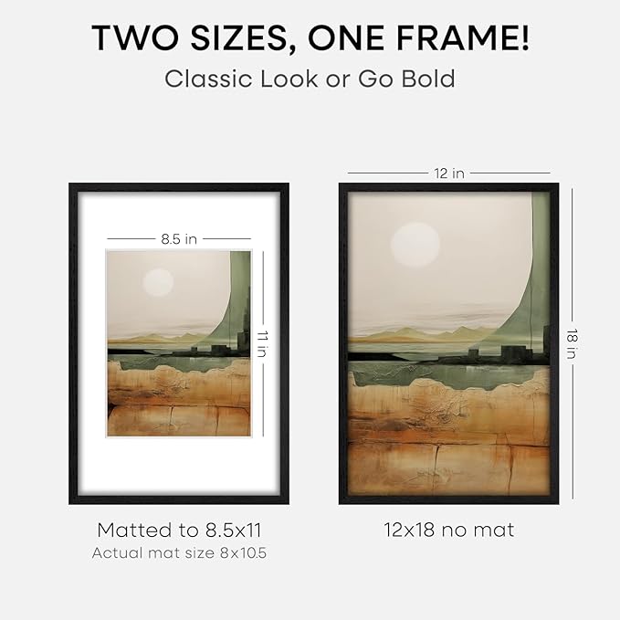 Homeforia 12x18 Frame Black Wood, High End Oak 12x18 Picture Frames with Mat 8.5x11 Photo, 12 x 18 Wooden Poster Frame Matted to 8.5 x 11 Print, 18x12 Hanging Frame, Tempered Glass, Wall Kit, Set of 1