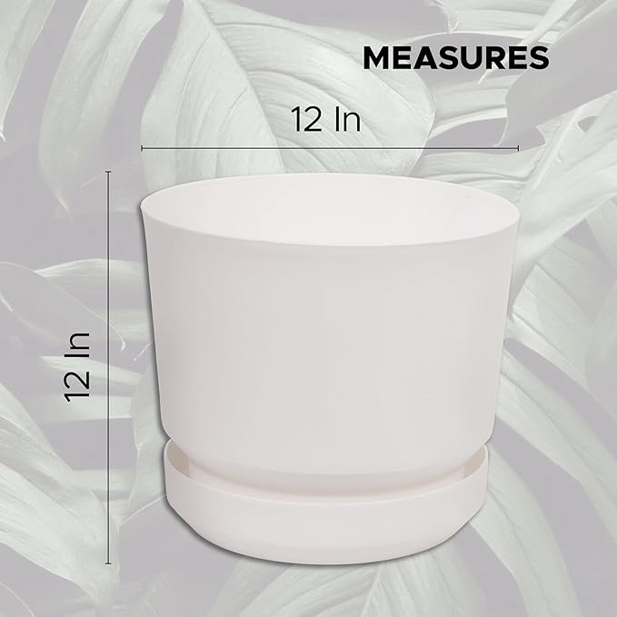 Elly Décor 12 inch Plastic Cylinder Planter Pot with Self-Watering Saucer and Drainage Hole,Lightweight & Extremely Durable, 12"x 12", White