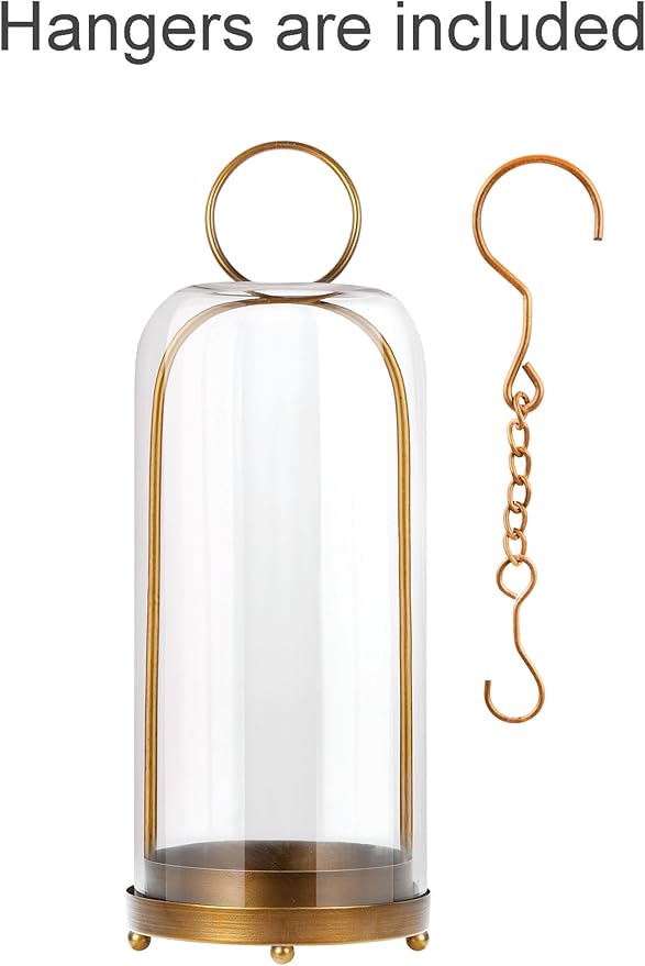 20" High Versatile Modern Metal Hurricane Lantern with Handmade Sturdy Glass Dome for Pillar Candle & Plants (Brass, 7.5"x20")