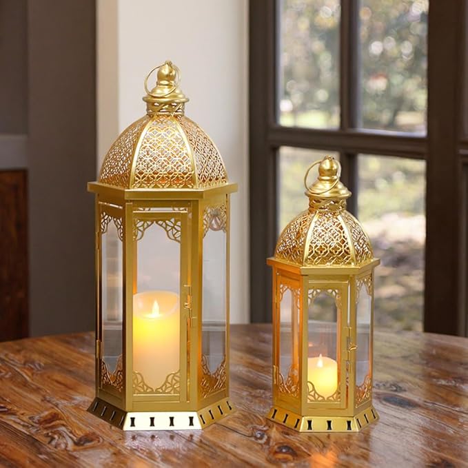 JHY DESIGN Set of 2 Outdoor Candle Lanterns 22"&17" H Decorative Vintage Metal Candle Holders for Garden Porch Indoor Outdoor Parties Weddings Patio Home Decor(Gold)