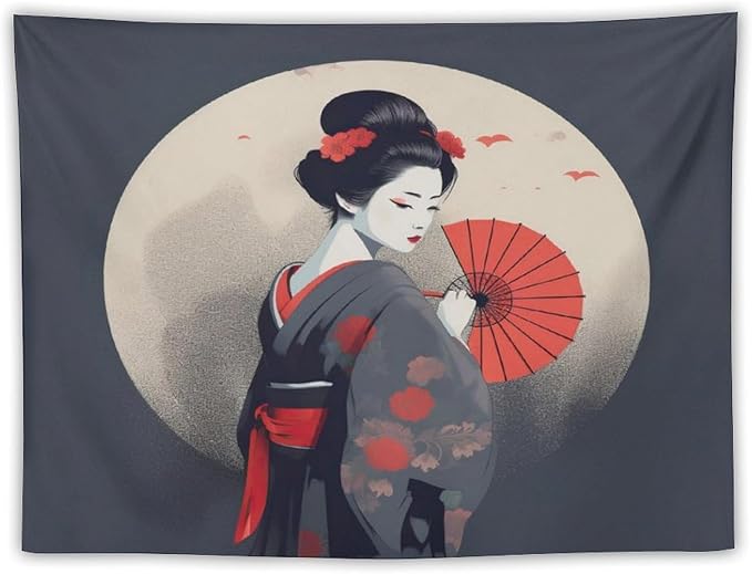 Japanese Woman Geisha Tapestry Asian Red Cherry Blossom Red Sun Traditional Kimono Folk Tapestries Home Decor for Living Room Bedroom Apartment Farmhouse Dorm 80"x60"