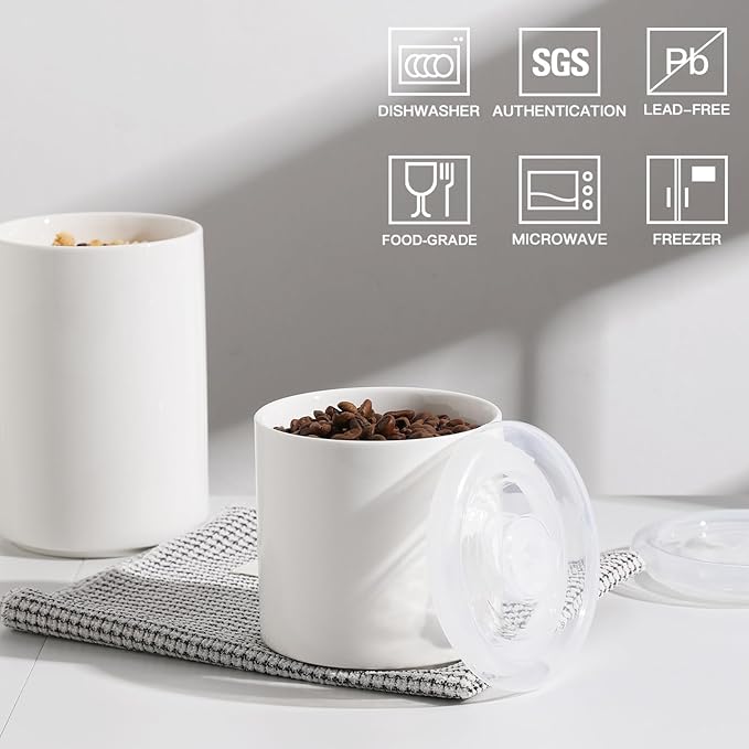 Sweejar Ceramic Food Storage Jar, Salt Container with Airtight Plastic Lid & Date Tracker, 16 Oz Kitchen Canisters for Flour, Rice, Sugar, Coffee, Spices, Pantry Organization (White)