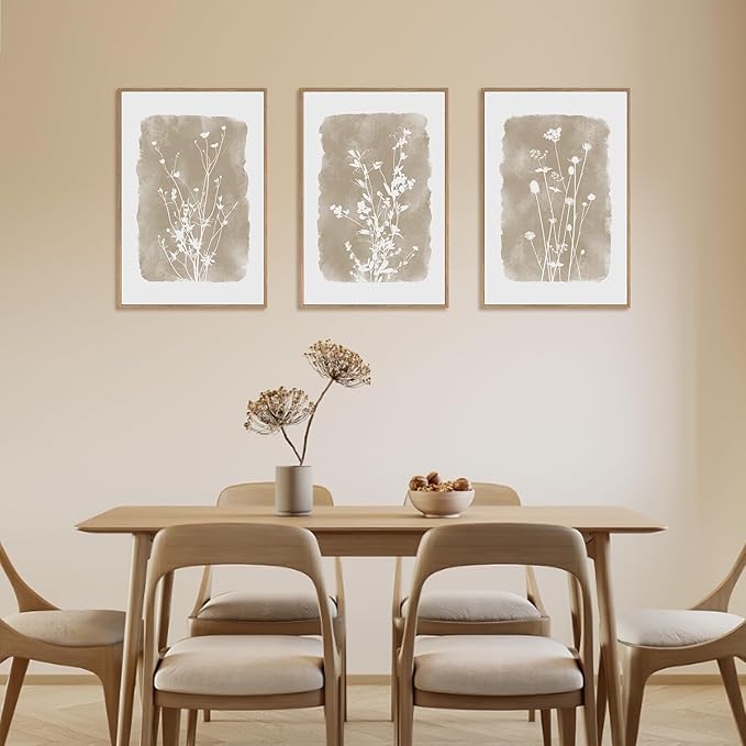 HPINUB Large Boho Wildflowers Canvas Framed Wall Art Set,Minimalist Vintage Flower Wall Decor,Beige Floral Botanical Artwork for Living Room Bedroom,Dining Room,Office -24"x36"x3