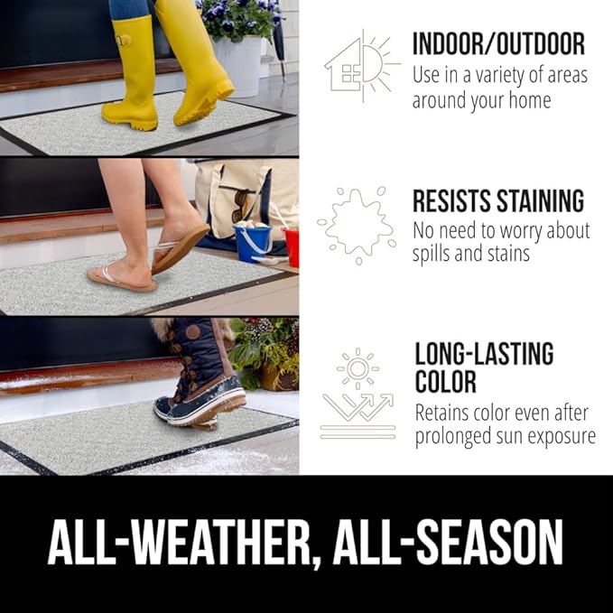 GORILLA GRIP 100% Waterproof All-Season WeatherMax Doormat US Designed Natural Rubber, Stain and Fade Resistant, Low Profile Indoor Outdoor Door Mats, Easy Clean Patio Mat, 23x35, Light Gray