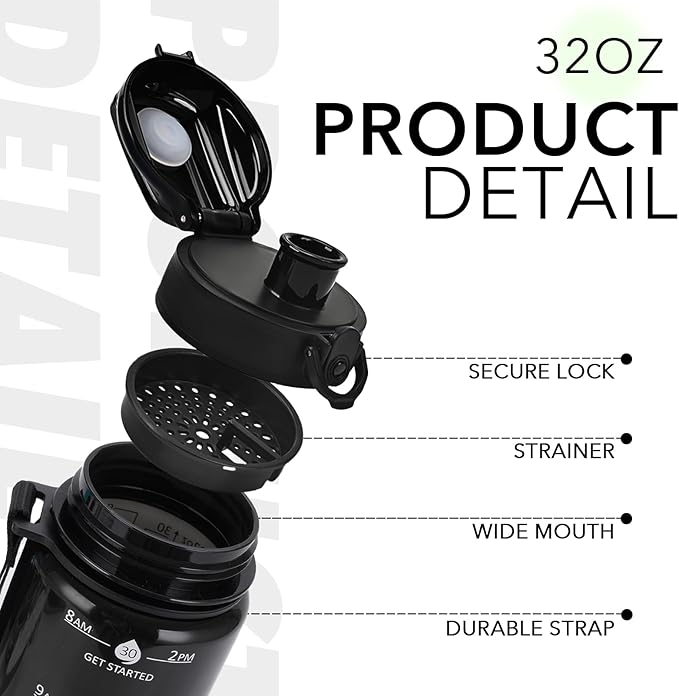 32oz Motivational Water Bottles with Time Marker & Fruit Strainer, Transparent Gradient Color Water Bottle with Times to Drink, Leakproof & BPA Free, Reusable Bottle with Strap (No Straw)