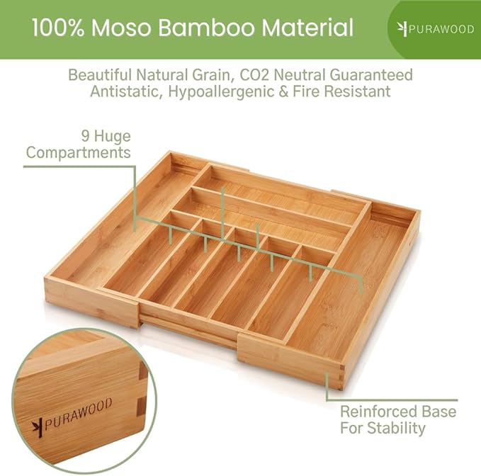 Bamboo Drawer Organizer, 2 Pack - Expandable Silverware Organizer & Utensil Drawer Organizer, Cutlery Tray with Dividers, 7-9 Slots - Premium Kitchen Organizer for Utensils & Flatware (Natural)