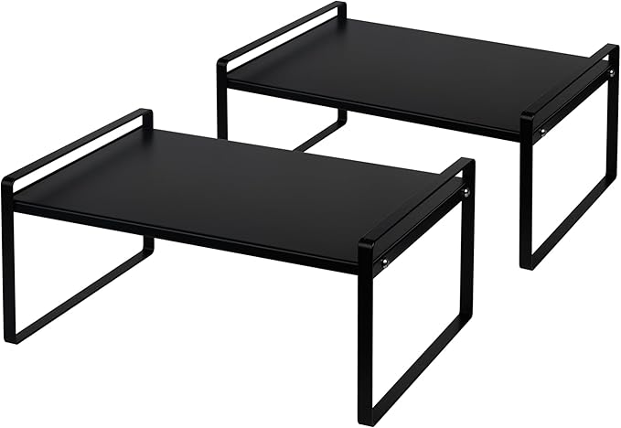 Nxconsu 2Pack Cabinet Shelves Stackable Shelf Organizer Rack Riser for Kitchen Cabinet Pantry Cupboard Counter Countertop Home Organization Storage Space Saver Heavy Duty Metal Nonslip Black Wide