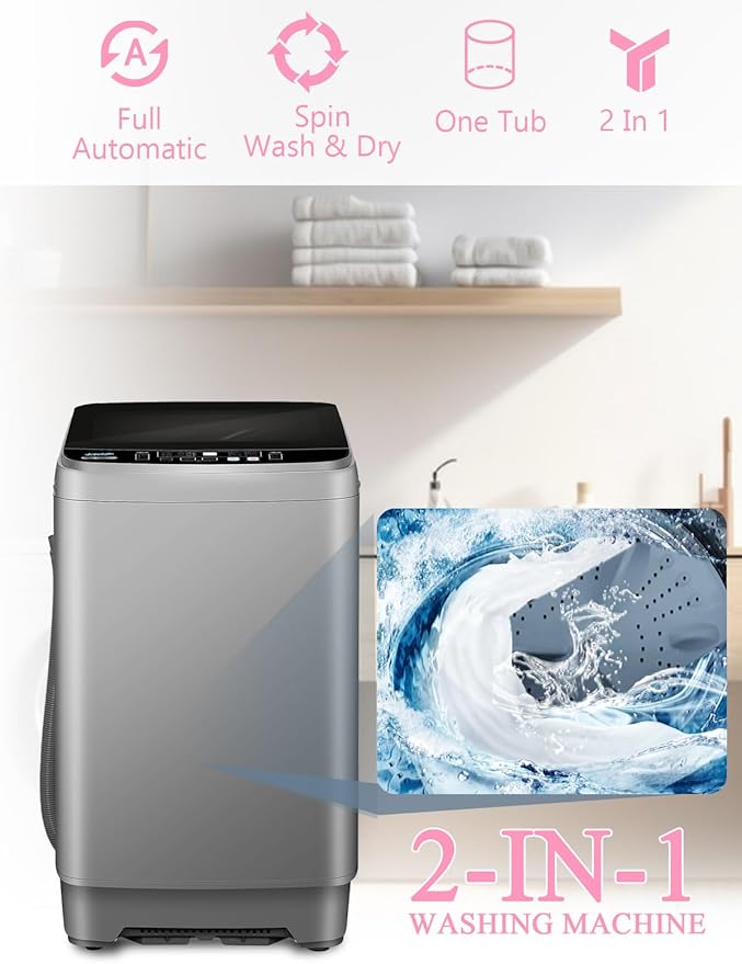Full Automatic Washing Machine with LED Display, 25 lbs Portable Washer Drain Pump, 10 Programs & 8 Water Levels Selections, Ideal for RV, Camping, Apartment, Dorm, Dark Grey