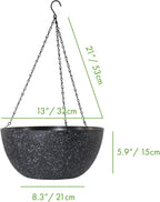 WOUSIWER 13 inch 2Pack Large Hanging Planters for Outdoor Indoor Plants with Drainage Holes and Chain, Round Hanging Flower Pots for Garden Home Porch Decor, Black Speckles