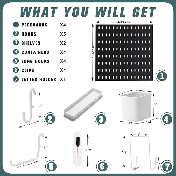 Pegboard Combination Kit, 25.2" x 25.2" Wall Mounted Storage Set with 4 Pegboards & 20 Accessories Hanging, Peg Boards Organizer