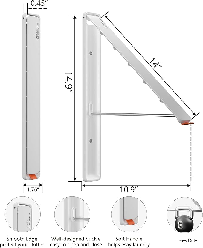 Dr.DJ Clothes Drying Rack Wall Mounted, Retractable & Foldable Clothes Hanger for Laundry Room Organization and Storage, Clothes Hanger Rack for Dorm, Closet, Balcony, Laundry Room(1P, Metal, White)