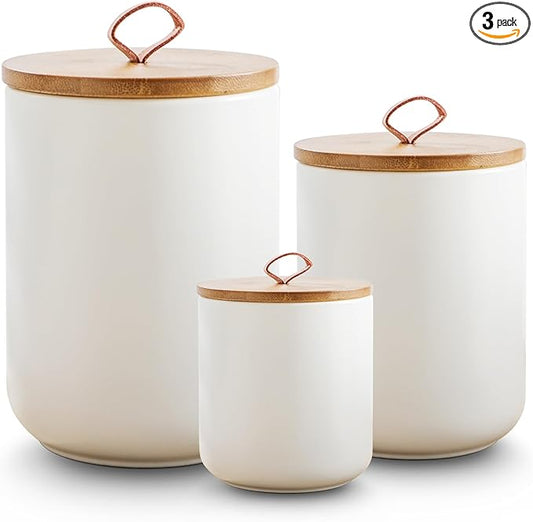 White Ceramic Canister Set with Wooden Lid, 3-Piece Food Storage Jars for Kitchen Counter, Storage Container for Coffee, Tea, Spice, Sugar, Grains, Salt