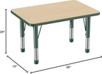 Factory Direct Partners FDP Rectangle Activity School and Classroom Kids Table (24 x 36 inch), Chunky Toddler Leg, Adjustable Height 15-24 inches - Maple Top and Green Edge