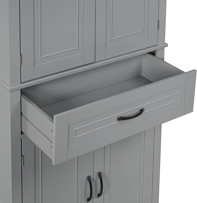72.2" Tall Storage Cabinet with 4 Doors and Drawer, Freestanding Linen Cabinet, Wooden Pantry with Adjustable Shelf for Kitchen, Bathroom, Living Room, Grey