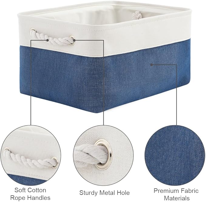 TheWarmHome Storage Basket for Organizing - Medium 3 Pack 14x10x7 inch Fabric Storage Cubes for Shelves with Rope, Collapsible Storage Bin for Organizer Closet Cloth Gift Toy (White & Jean Blue)