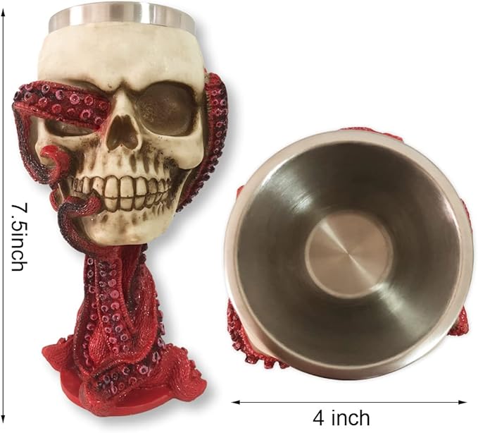 Skull Goblet Chalice Wine Cups Medieval Chalice Skull Cup Stainless Steel 3D Whisky Shot Glasses Realistic Resin Octopus Tentacle Beverage Halloween Drinking Cup Novelty