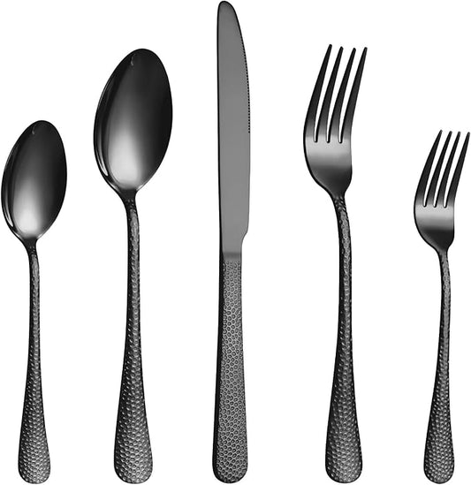 40 Pcs Black Silverware Set for 8 with Hammered Design, Food Grade Stainless Steel Flatware Set, Eating Utensils Sets Include Fork/Knife/Spoon, Cutlery Set, Dishwasher Safe
