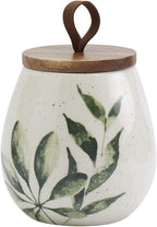 TTU Tabletops Gallery Ceramic Canister Collection- Stoneware Designed Kitchen Storage Acacia Wood White Set, 3 Piece Green Leaf Canister Set